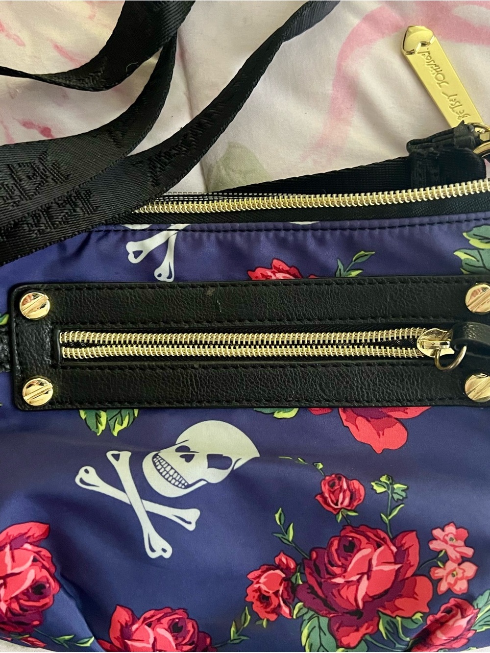 Betsy Johnson Skull & Rose Crossbody Bag with Gold Hardware